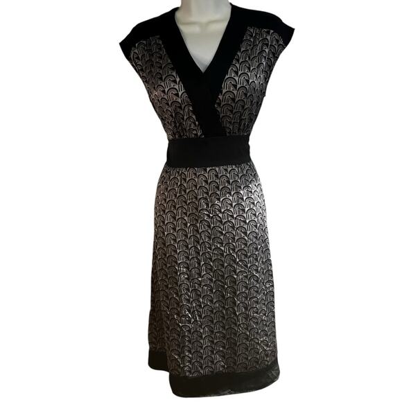Vintage 100% Silk Black & Metallic Sheath Dress V-Neck Fitted Waist, Y2K, Medium - Picture 1 of 8
